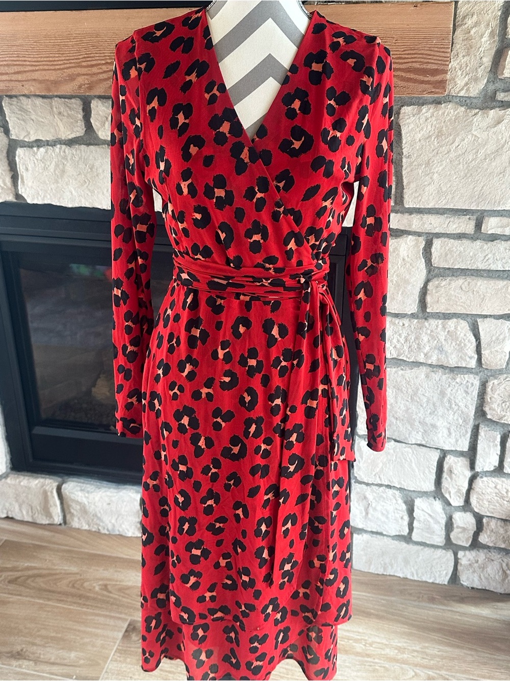 Cabi Siren Wrap Dress red and black leopard print,  long sleeves midi length S